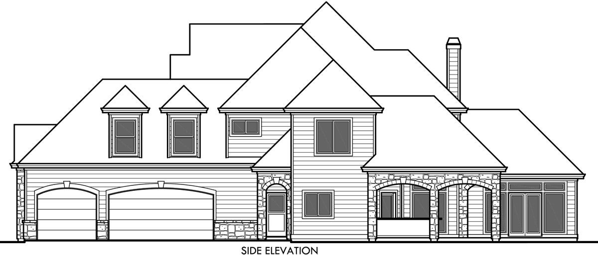 House side elevation view for 10090 luxurious house plans master on the main floor plans outdoor kitchen balcony bonus room large kitchen side load garage coffered ceiling
