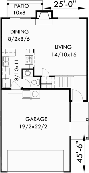 Main Floor Plan for D-452 Triplex house plans, triplex plans with garage, 25 ft wide house plans, D-452