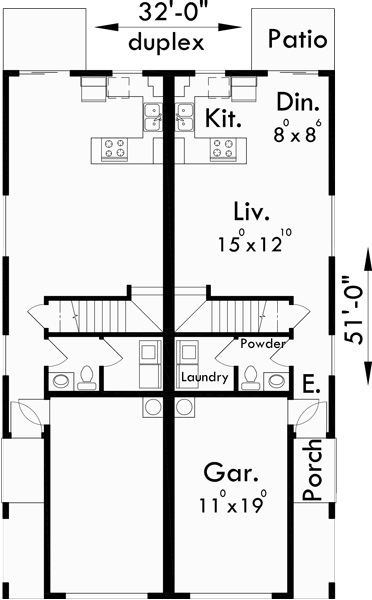 Main Floor Plan for D-430 Narrow lot duplex house plans, 3 bedroom duplex house plans, 2 story duplex house plans, D-430