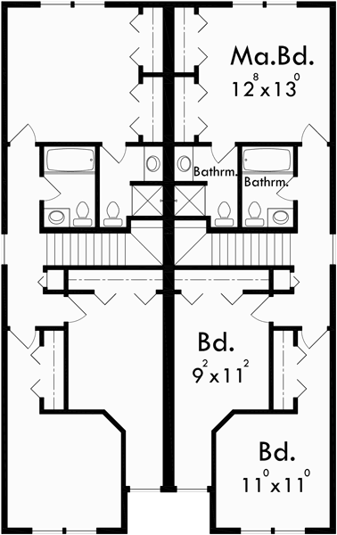 Upper Floor Plan for D-430 Narrow lot duplex house plans, 3 bedroom duplex house plans, 2 story duplex house plans, D-430