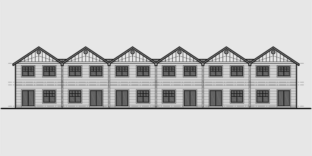 House rear elevation view for S-727 6  plex house plans, narrow row house plans, six plex house plans, multi unit house plans, S-727
