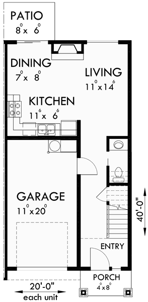 Main Floor Plan for D-532 Duplex House Plan, D-532, Duplex Plans with Garage