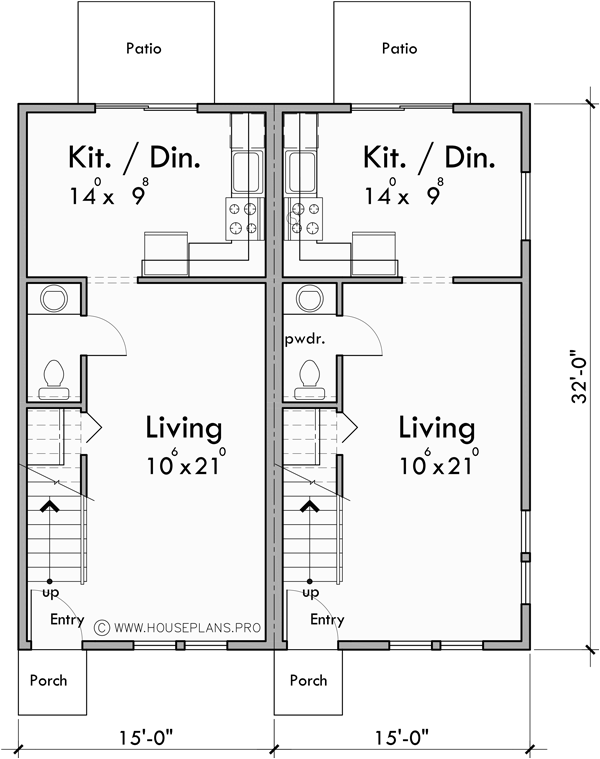 Main Floor Plan for F-552 4 plex plans, townhome plans, 15 ft wide house plans, narrow lot townhouse plans, F-552
