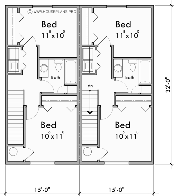 Upper Floor Plan for F-552 4 plex plans, townhome plans, 15 ft wide house plans, narrow lot townhouse plans, F-552