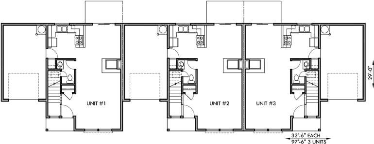 Main Floor Plan 2 for T-396 Triplex house plans, triplex plans with garage, townhouse plans, T-396