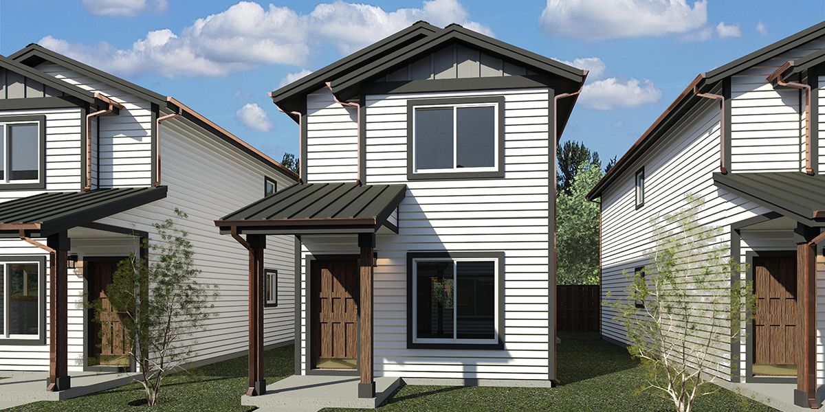 House front drawing elevation view for 10124 Narrow lot house plans, 2 bedroom house plans, 2 story house plans, small house plans, 1flr, 10124b