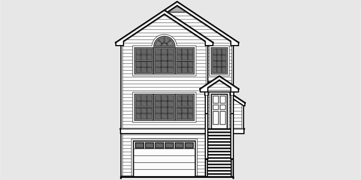House side elevation view for 10093 Three level 22 feet wide house plan three bedroom two car garage