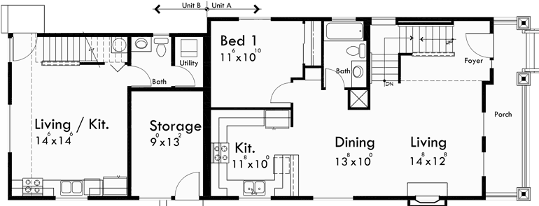 Main Floor Plan for D-571 Duplex house plans, ADU house plans, back to back house plans, mother in law house plans, D-571