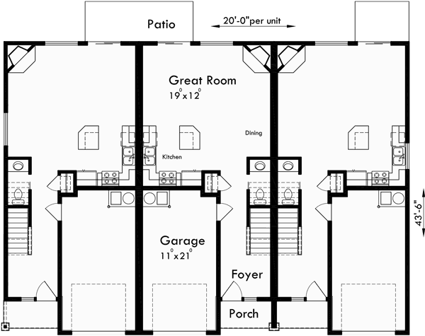 Main Floor Plan for T-400 Triplex house plans, triplex plans with garage, 20 ft wide house plans, T-400