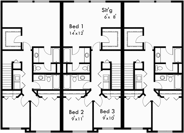 Upper Floor Plan for T-400 Triplex house plans, triplex plans with garage, 20 ft wide house plans, T-400