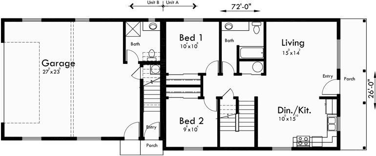 Main Floor Plan for D-569 Duplex house plans, apartment over garage, ADU floor plans, Accessory Dwelling Units, back to back duplex plans, D-569