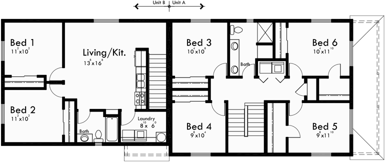 Upper Floor Plan for D-569 Duplex house plans, apartment over garage, ADU floor plans, Accessory Dwelling Units, back to back duplex plans, D-569