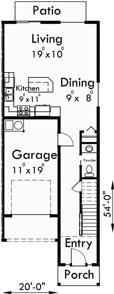 Main Floor Plan for D-541 Duplex house plans, narrow row house plans, duplex house designs, multi unit house plans, duplex house plans with garage, D-541