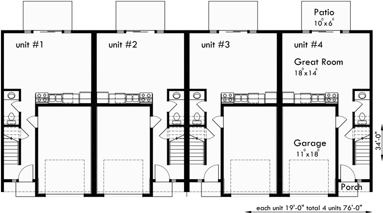 Main Floor Plan for F-542 4 plex plans, fourplex plans, 2 master bedroom plans, F-542