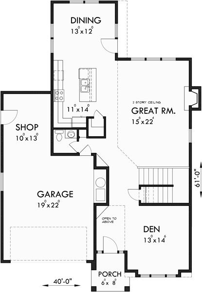 Main Floor Plan for 10168 Portland house plans, narrow house plans, 3 bedroom house plans, 10168<br />