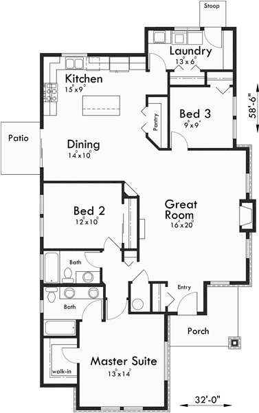 Main Floor Plan for 10174 Cost efficient house plans, empty nester house plans, house plans for seniors, one story house plans, single level house plans, floor, 10174