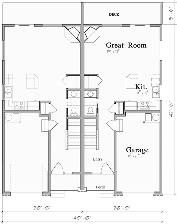 Main Floor Plan for D-648 Sloping Lot Duplex House Plan