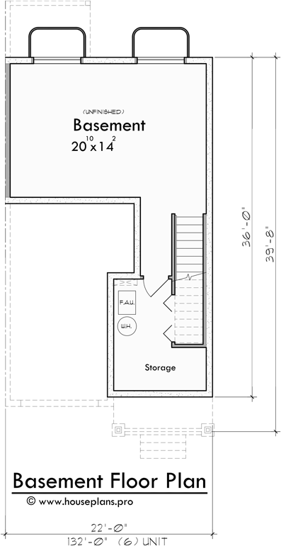 Lower Floor Plan for S-742 6 Unit Townhome Design: 3 Bedroom, 2.5 Bath with Basement and 1 Car Garage S-742