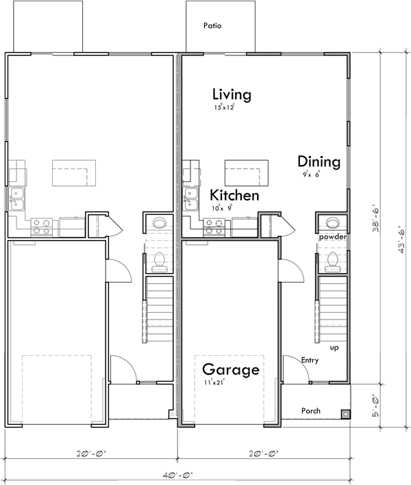 Main Floor Plan 2 for D-693 Efficiency meets elegance in our modern duplex house plans. Whether you're building or renovating, explore the possibilities and envision your future home. Get started!