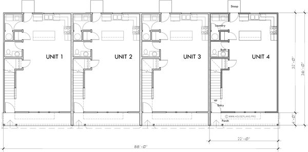 Main Floor Plan 2 for F-634 Create your ideal living space with our contemporary 4-plex townhouse layouts. Three bedrooms, no garage needed. Design with us!