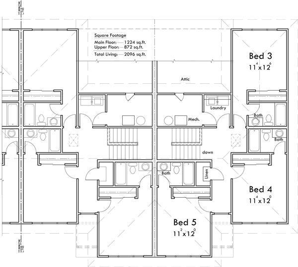Upper Floor Plan for F-636 Design comfortable and convenient student housing with our 5-bedroom, 5.5-bathroom floorplans. Explore the perfect layout for students. Design with us!