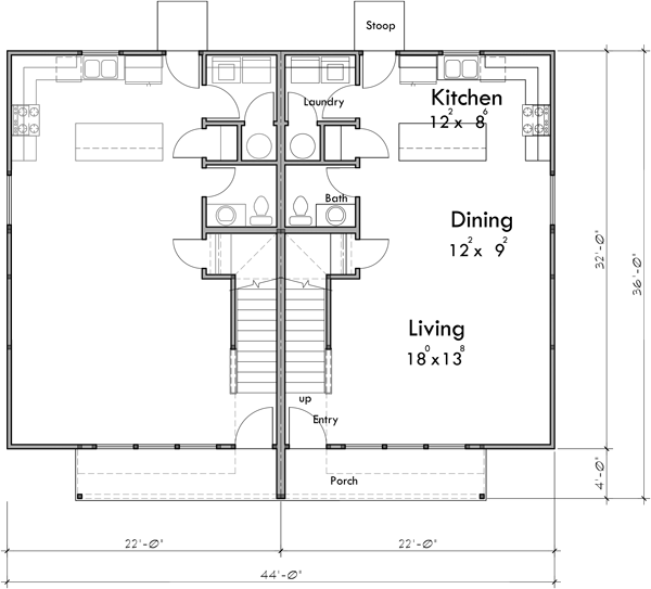 Main Floor Plan 2 for D-712 Invest in spacious and efficient living with our two-story, 3-bedroom duplex house plans. Architectural excellence awaits. Join us in building the future of housing!