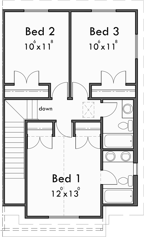 Upper Floor Plan for D-712 Invest in spacious and efficient living with our two-story, 3-bedroom duplex house plans. Architectural excellence awaits. Join us in building the future of housing!