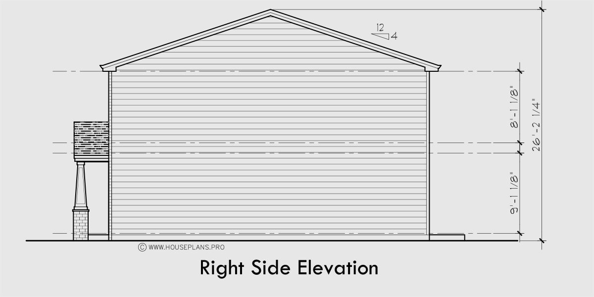 House rear elevation view for T-451 Triplex town house plan 3 bedroom 2.5 bath and garage