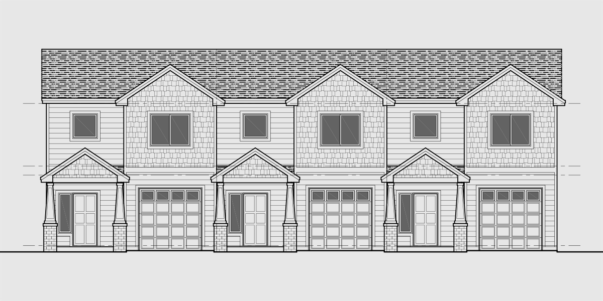 House rear elevation view for T-454 Triplex town house plan 3 bedroom 2 & half bath and garage T-454
