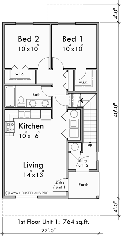 Lower Floor Plan for F-672 Stacked Four Plex House Plan