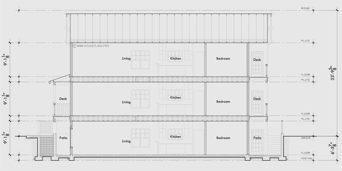 House rear elevation view for S-765 Three stacked units side by side for six total S-765