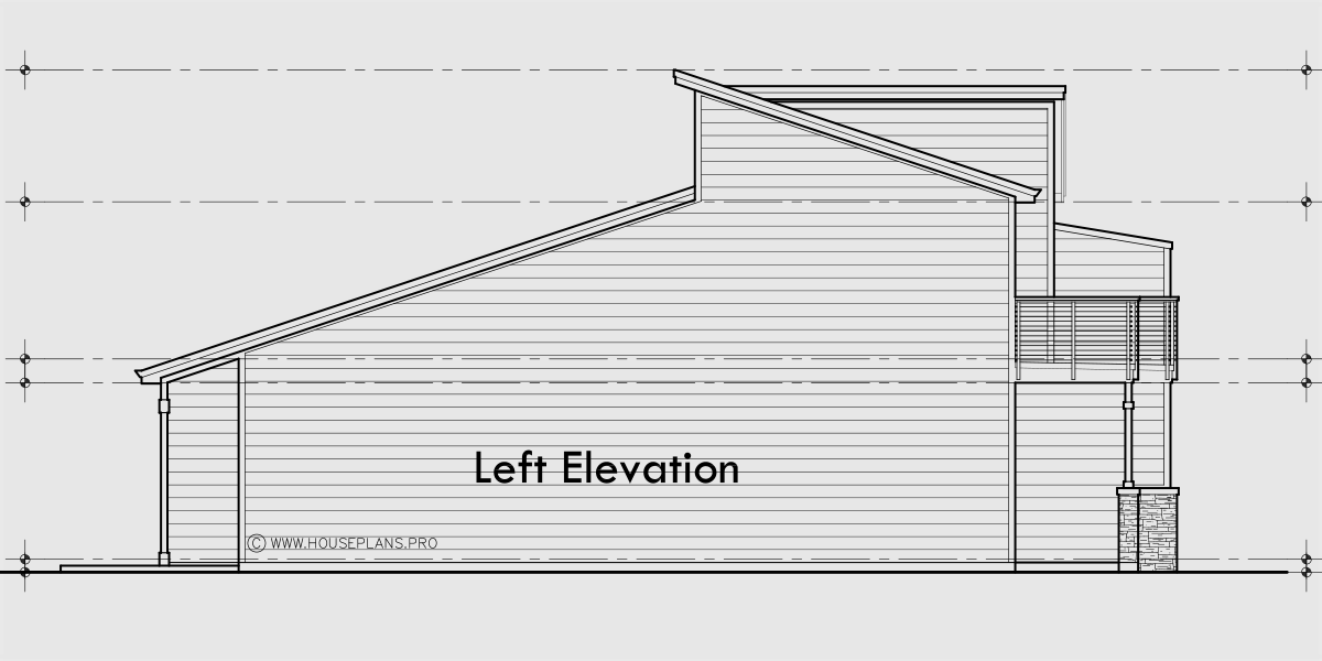 House rear elevation view for T-460 Triplex House Plan, Master Bedroom on Main Floor, Two Car Garage, T-460
