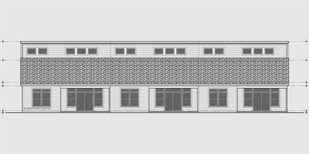 House rear elevation view for T-460 Triplex House Plan, Master Bedroom on Main Floor, Two Car Garage, T-460