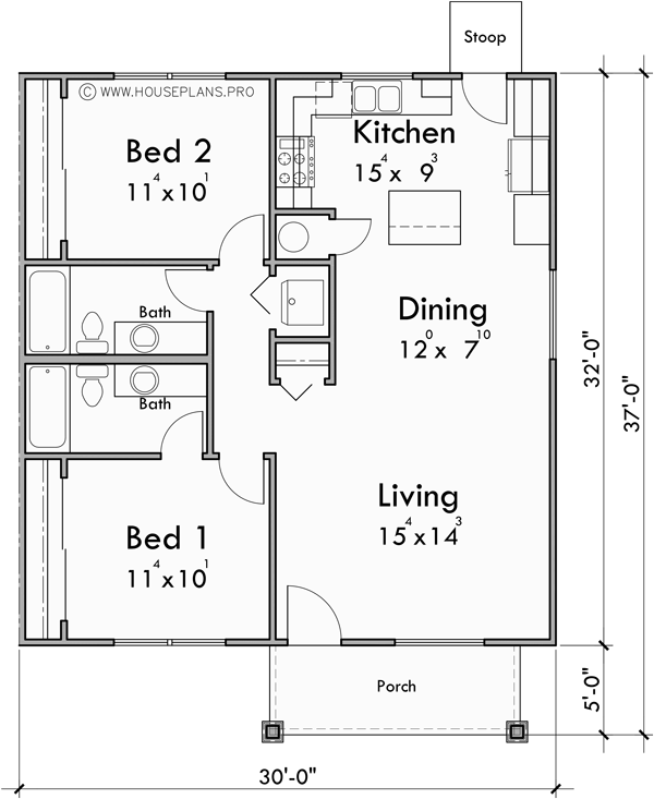 Main Floor Plan for T-462 One level triplex two bedroom 2 bath