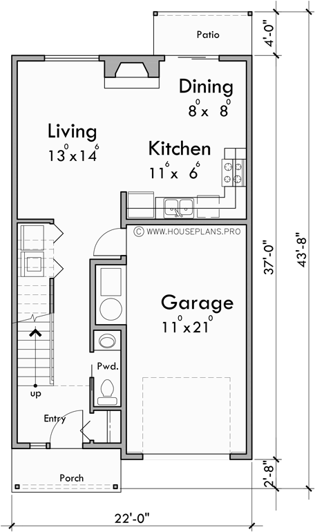 Main Floor Plan for F-689 Town house plan 22 ft wide units
