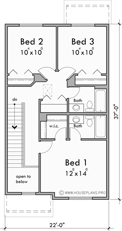Upper Floor Plan for F-689 Town house plan 22 ft wide units