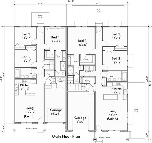 Main Floor Plan for D-777 Wheelchair accessible, wide doorways and halls, duplex plan, D-777