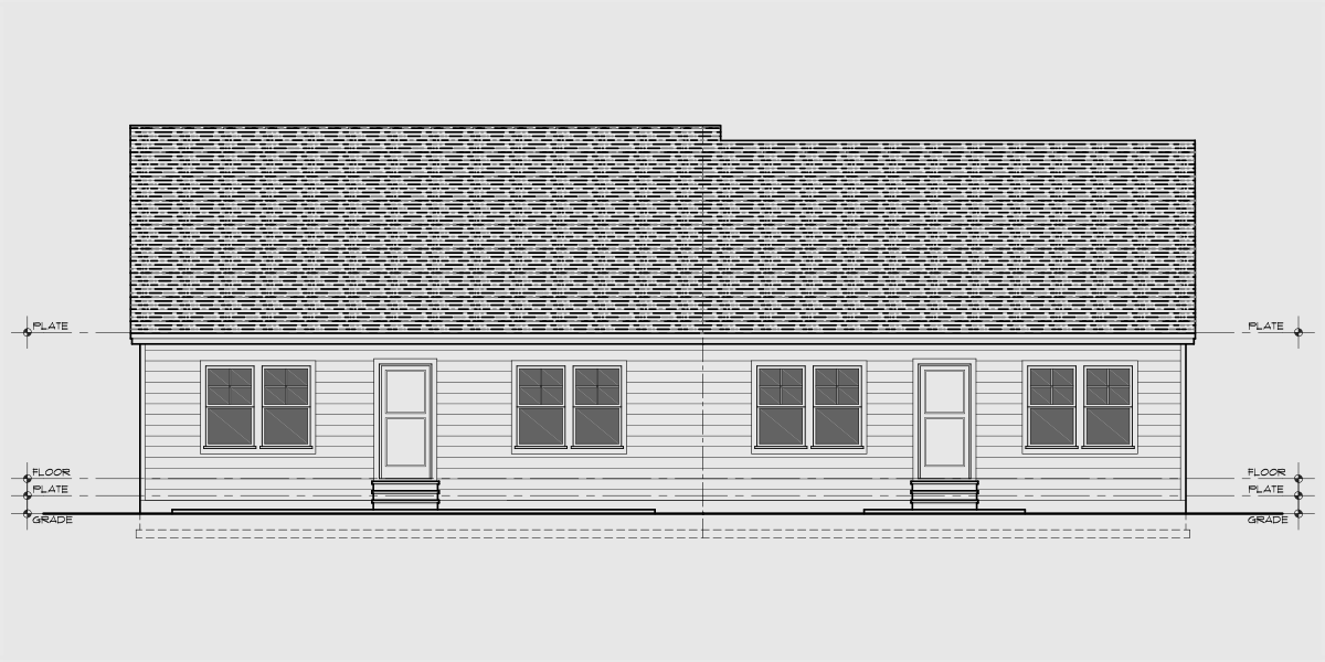 House rear elevation view for D-779 Wheelchair accessible wide doorways and halls duplex house plan 