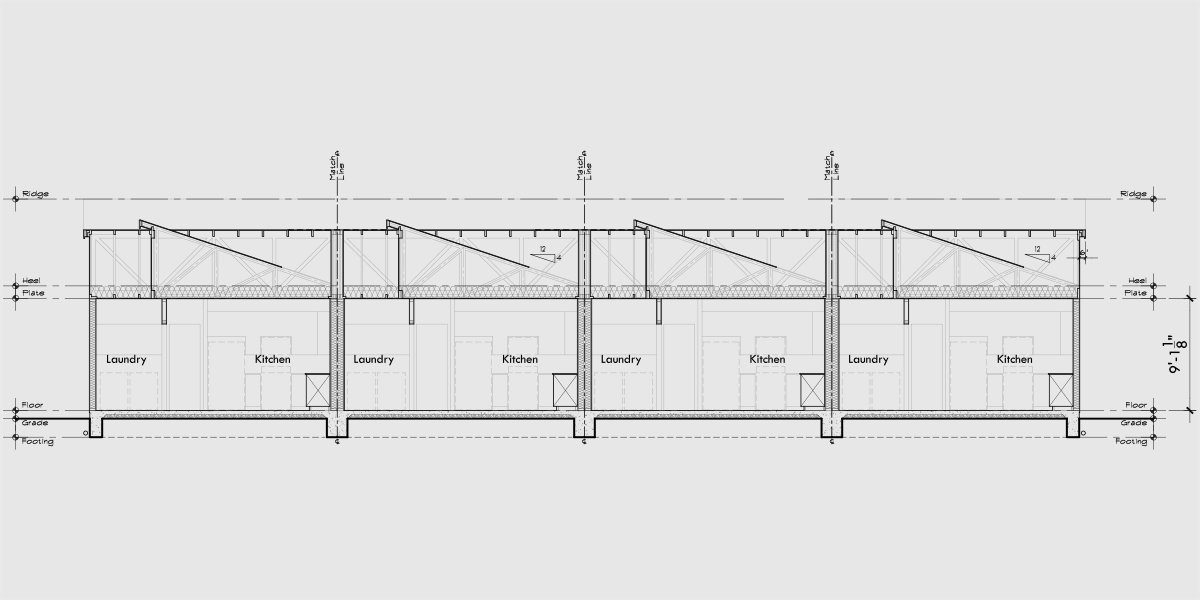 House rear elevation view for F-698 One level senior town house plan two bedroom two bath