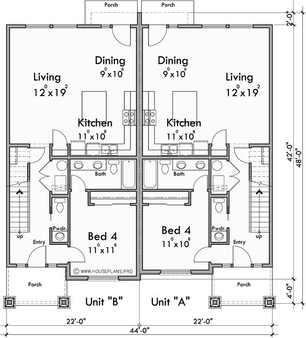 Main Floor Plan for D-786 4 bedroom master on the main floor duplex house plan